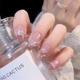 XUZOO 24 Pieces Nail Tips, Short and Long, Cute, Stylish, Popular, Floral Pattern, Nail Stickers, False Nails, Nail Tool, Double Sided Tape Included (3D Shape, Crystal Flower and Pearls)