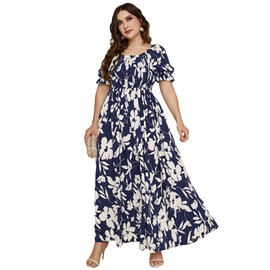 MakeMeChic Women's Plus Size Boho Floral Maxi Dress Curvy Short Sleeve Shirred Squared Neck Flomal Long Dress A Multi Blue 2XL