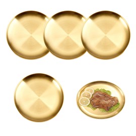 ZHYUAN 4 x 20 cm stainless steel round crockery, golden stainless steel camping plate, metal dinner plate, 20 cm stainless steel round tableware, stainless steel camping plate set, for camping