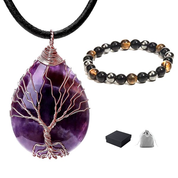 Teardrop/Heart Natural Gemstones Healing Crystal Stone Necklace Wire Wound Copper Tree of Life Chakra Necklace + 10 mm Triple Protection Hematite Magnetic Field Therapy Bracelet 2 Pieces, Crystal
