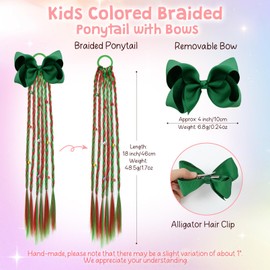 Colored Hair Extensions, Behufun 2Pcs 18" Colored Hair Extensions for Kids with Removable Hair Bows, Braided Ponytail Extension with Hair Tie, Ombre Crazy Hair Day Accessories for Girls Red Green