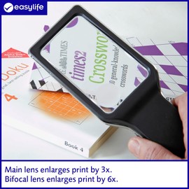 Illuminated Anti-Glare Magnifier Lens | 6X Bifocal Lens Anti-Glare Magnifying Glass | For Newspaper & Books | Includes Cleaning Cloth & Protective Pouch | L23xW8xD4cm | Easylife Lifestyle Solutions