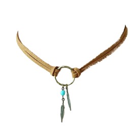 Turquoise Feather Choker Necklace Gothic Bohemian Leaf Leather Chain Jewelry for Women Girls (Khaki)