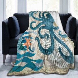 Abucaky Blue Octopus Nautical Map Fleece Throw Blanket Ultra Soft Cozy Decorative Flannel Blanket All Season for Home Bed Couch Chair Travel 60x50in