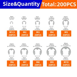 NexSync 200PCS 304 Stainless Steel E-Clip External Retaining Ring Washer Kit, M1.5-M10 Circlip Assortment for Automotive, Machinery & Industrial Maintenance