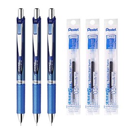 EnerGel Pentel Retractable Liquid Gel Pen, 0.5mm, Blue Ink, Blue Body, 3 Pens & 3 Ink Refills