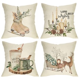 Ussap Warm Winter Wishes Decorative Throw Pillow Cover Set of 4, Reindeer Elk Skating Boots Let It Snow Decoration, Christmas Pine Tree Cones Candle Hot Cocoa Farmhouse Sofa Cushion Case Decor 18 x 18