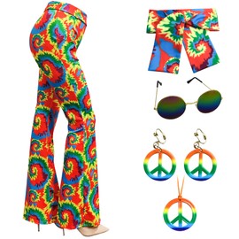 ATAMET- Accesorios de disfraces para mujer de los años 60 y 70 Pantalones hippies Pantalones acampanados Pantalones bohemios Pantalones retro