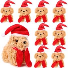 8 Pcs Christmas Stuffed Dog 5.5 Inch Christmas Plush Puppy Mini Stuffed Puppy with Santa Hat Small Plush Dog with Red Scarf Xmas Stuffed Plush Animal for Christmas Party Favor Gift (Light Brown)