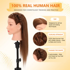 Mannequin Head with 100% Real Human Hair Cosmetology Training Doll Head for Hair Styling Cutting Braiding (Dark Brown)