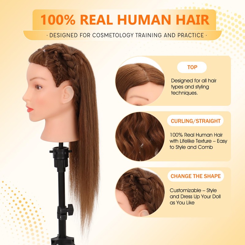 Mannequin Head with 100% Real Human Hair Cosmetology Training Doll