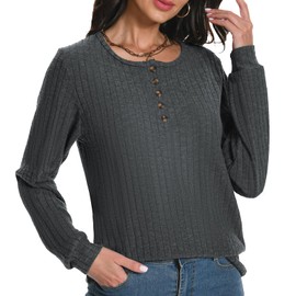 Rolcoassuns Womens Jumpers Crewneck Long Sleeve Henley Shirts Ladies Casual Lightweight Tunic Sweaters Fashion Tops Darkgray