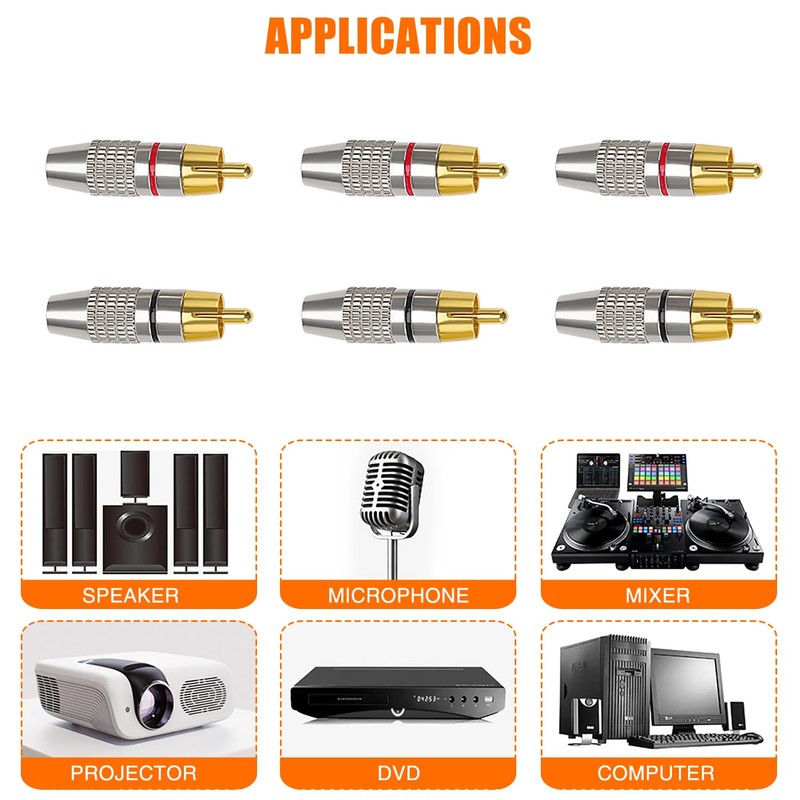KUOQIY 6 PCS Gold Plated RCA Plug Audio Video Connector,