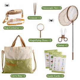 ROBOTIME 2Sets Bug Catcher for Kids, Sturdy Bug Catching Kit with Butterfly Net, Bug Box, Magnifying Glass, Tweezer, Clamp, Cards and Carry Bag, Kids Bug Habitat Outdoor Explorer Kit for Kids 3-12