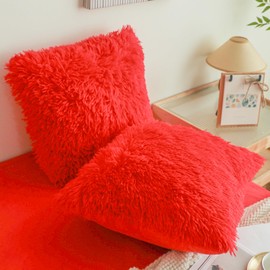HAIHUA Faux Fur Throw Pillow Covers, Fluffy Soft Fuzzy Decorative Pillow Cases Cute Pillowcases for Home Bedroom Living Room, Zipper Closure, Set of 2 (Red, 18"x 18")
