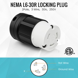NEMA L6-30R Locking Connector, Generator Twist Lock Adapter Female Plug, 30 Amp, 250 Volt, 2 Pole, 3 Wire Grounding, Heavy Duty Industrial Grade, Electrical Replacement Connector, ETL Listed