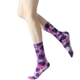 Yoga Pilates Socks with Grips for Women Non Slip Colorful Tie Dye Cushioned Crew Socks for Barre Ballet Dance (Purple)