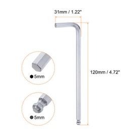 QUARKZMAN 2 Pieces Ball Head 5mm L Shape Long Arm Hex Key Chrome Vanadium Steel Repair Tool for DIY Silver
