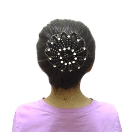 "Honbay Hair Bun Cover Elastic Handmade Crochet Hair Net Snood with Pearls and Rhinestones for Ballet, Dance, Skating, etc (Black)"