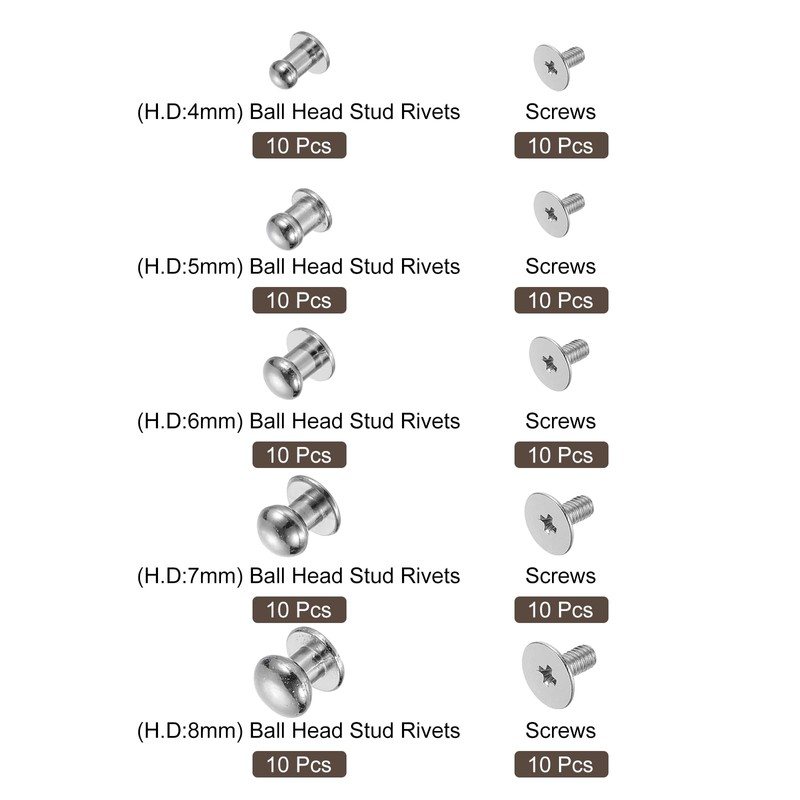 sourcing map 4/5/6/7/8mm Ball Head Stud Rivets Screw Back, 50Pack