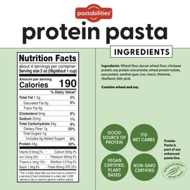 Pastabilities, Protein Pasta, Variety Pack (Penne & Ruffles - 24g Protein & Low Carb, 17g Net Carbs - High Protein, Delicious Taste & Texture Non-GMO Plant-Based Pasta, Keto Friendly, Vegan (8 Ounce, 6 Pack)