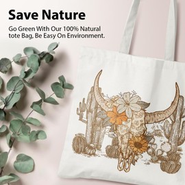 Veqzc Vintage Western Bull Skull Canvas Tote Bag for Women - Country Girl Gift, Reusable Grocery Shopping Bag