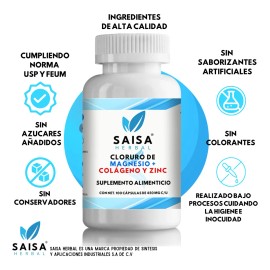 Cloruro De Magnesio  Colgeno Y Zinc  100 Cpsulas  Suplemento Alimenticio Sin sabor  Saisa Hebral  Huesos y musculos fuertes, cuidado de piel          