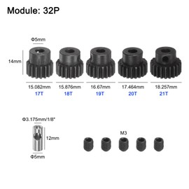 uxcell 32P Pinion Gear Set 5mm Shaft 17T 18T 19T 20T 21T Motor Gears Hardened Steel Pinion Gear with 3.17mm Coupler for RC Car (5pcs)