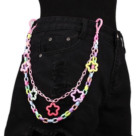 Cute Colorful Stars Charm Layered Acrylic Pants Jeans Chain for Women Sweet Hip Hop Grunge Rainbow Hollow Pentagram Waist Trousers Chains Chunky Link Punk Lovely Pocket Wallet Belt Belly Body Jewelry