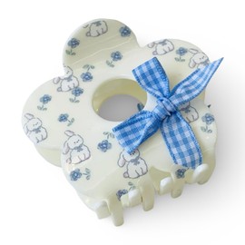 Coquette Floral Patterned Hair Claw Clip with Bows, Blue Floral with Bunnies, Flower Shaped