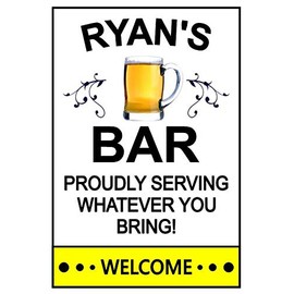 Funny Refrigerator Magnet. "Ryan's Bar". Customize for any name. 3 Sizes. "Proudly Serving Whatever You Bring". Flexible. Available for quick shipping.