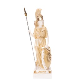 Athena with Owl Medusa Holding Sign Greek Goddess Alabaster Statue Gold 7"