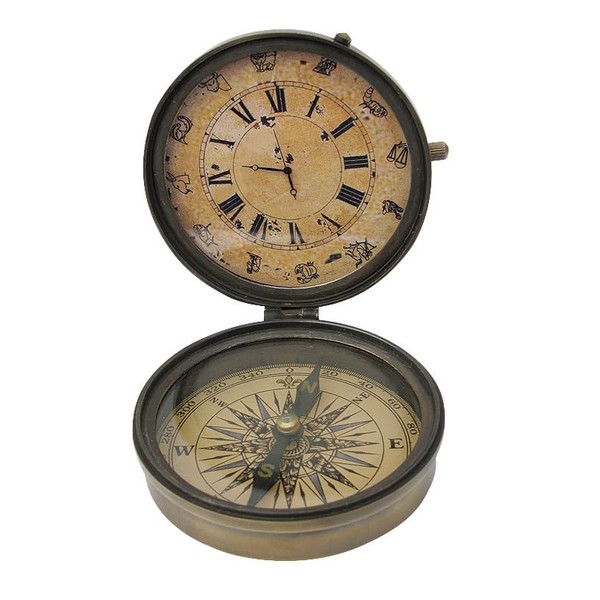 Antique Brass Compass with Clock Diameter: 8.5 cm, H: 3,5/10