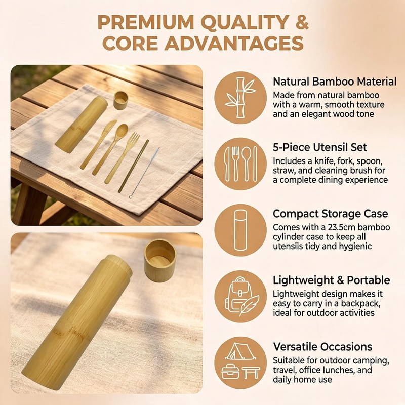 Bamboo Travel Cutlery Set with Storage Tube