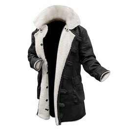 Tom Dark Knight Rises Bane Fur Shearling Black Trench Leather Jacket Pea Coat(Large)