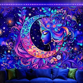 TUGCAY Blacklight Moon and Star Tapestry, UV Reactive Elegant Goddess Mandala Moon Sun Tapestry Starry Night Tapestries Wall Hanging for Bedroom Dorm Decor(51.2 x 59.1 Inches)