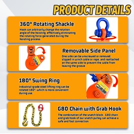 SENKEYFE Snatch Block with Chain,Snatch Block 2 Ton WLL, 3" Sheave for 3/8" Wire Rope,Snatch Block Pulley for Towing and Recovery，Rollback Wrecker Car Carrier Tow Truck Accessories