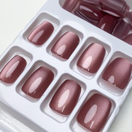 Square Press on Nails Short Fake Nails Glossy Glitter Acrylic False Nails with Designs Pearl Power Glue on Nails Shiny Stick on Nails for Women 24Pcs