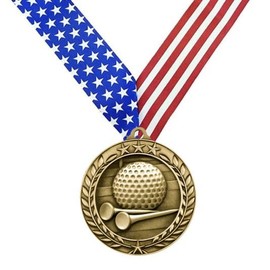 Decade Awards Golf Medal - Gold Wreath | Engraved Golf Tournament Medal with Neckband Ribbon - 2.75 Inch Wide - Customize Now (Gold-SSNB)