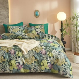 mixinni Queen Comforter Set Green Leaves, Soft Fluffy Botanical Floral Bedding Set for Women and Men, 1 Soft Microfiber Comforter and 2 Pillowcases for All Season-Queen Size