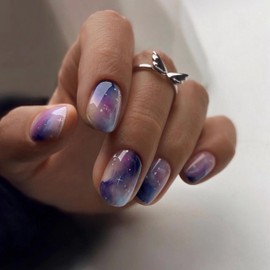 MERVF Square Press on Nails Short Fake Nails Blue Purple Ombre Glue on Nails with Starry Sky Design Squoval Acrylic Nails Ink Designs Star Press ons Glossy 24pcs