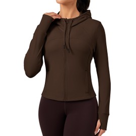 QUEENIEKE Hooded Workout Jacket for Women - Zip Up Athletic Running BBL Jacket Croped Tops with Back Mesh Vent & Thumb Holes (Toasted Brown, Medium)