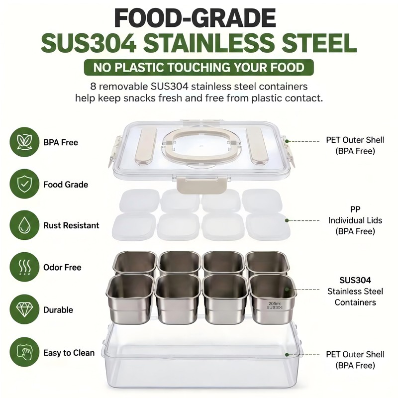 Snackle Box Container 304 Stainless Steel 8 Compartment