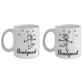 mmandiDESIGNS Newlyweds & Newlywed Coffee Mugs Perfect Male or Female Couple's Present Ceramic Tea Drink Cup Set 15 oz