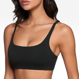 INGIA Women's Square Scoop Neck Sports Bra Thin Strap Padded Low Impact Yoga Bandeau Bra Wireless Workout Crop Top Black Medium