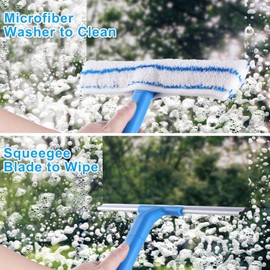 Mitclear Window Cleaner with Long Handle(57IN), Glass Cleaning Tools with Silicone Squeegee & Microfiber Scrubber, Window Cleaning Kit for Shower Glass Mirror Door Car