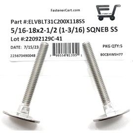 (5) 5/16-18x2-1/2 Stainless Steel Elevator Bolt Square Neck (1-3/16 Diameter Head) 18-8
