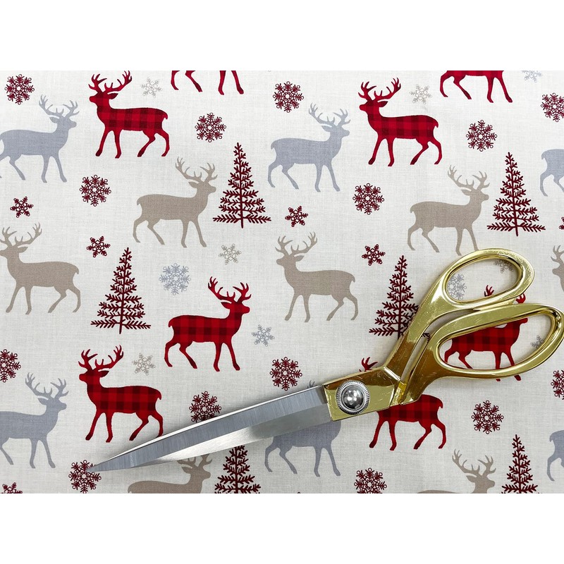 Christmas Fabric Red & Beige Reindeer Design - Cream Background