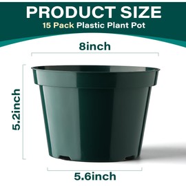 BTPLASTIK 8 Inch Plastic Plant Pots, 15 Pack Sturdy Nursery Pots with Drainage Holes, Flower Planter Pots for Indoor Outdoor, Garden Containers Sets for Vegetable Herbs Flowers, Green