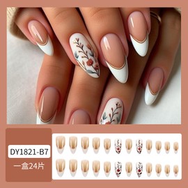 French Tip Press on Nails Flower Fake Nails Medium Almond Acrylic Nails Glossy Full Cover False Nails with Designs Cute Floral Stick on Nails Spring Glue on Nails for Women DIY Nail Decorations